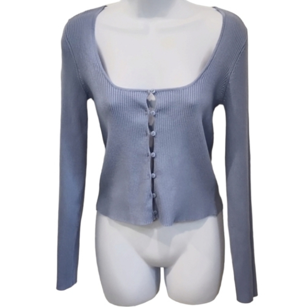 Periwinkle Blue Ribbed Button Front Henley Top - Picture 3 of 5